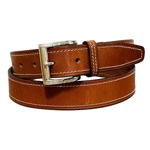 Polo Ralph Lauren Italian Leather Tan Belt White Stitching Silver Buckle Men 40